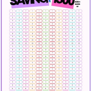 May include: A colorful savings tracker chart with the text "SAVING 1500". The chart has rows of numbered circles, each representing a savings amount. The text "SARAH SAVES 07" is also present.