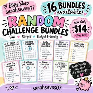 May include: A digital collection of challenge bundles featuring colorful text and graphics. Includes trackers for 52 Week Savings, No Spend, Self Care, Healthy Habits, Gratitude, Lunch Box, Gratitude Jar, Penny, and Random Acts of Kindness.
