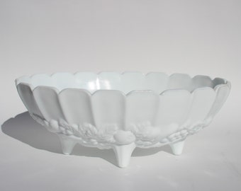 Vintage Milk Glass Footed Fruit Bowl by Indiana Glass Co. | Large Oval Serving Bowl or Console Bowl