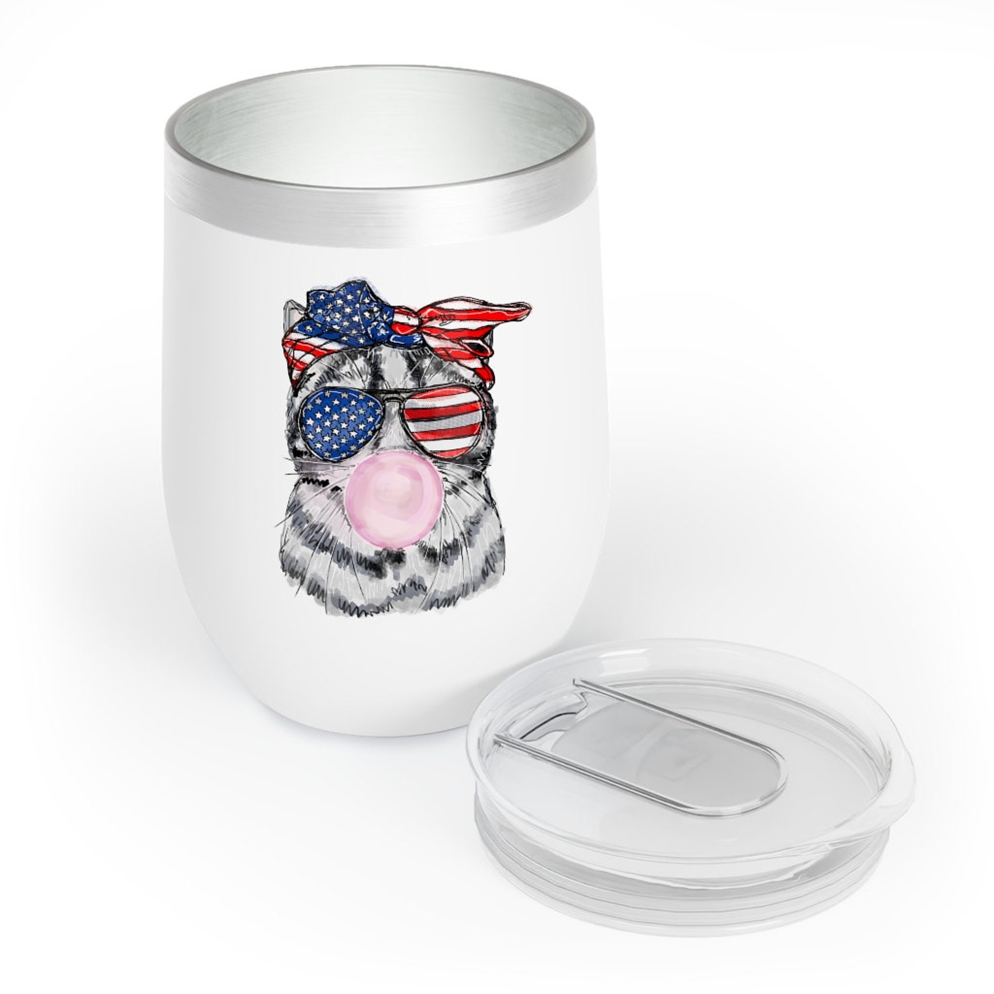 Fourth of July Cat Blowing Bubble Gum Insulated Chill Wine Tumbler