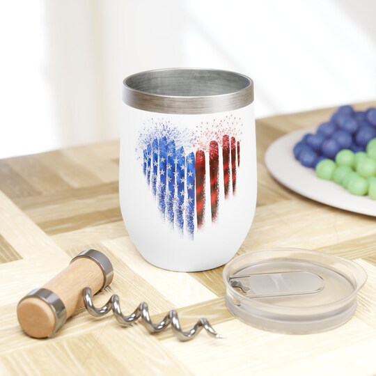 Fireworks Red White Blue Heart 4th of July Party Insulated Chill Wine Tumbler