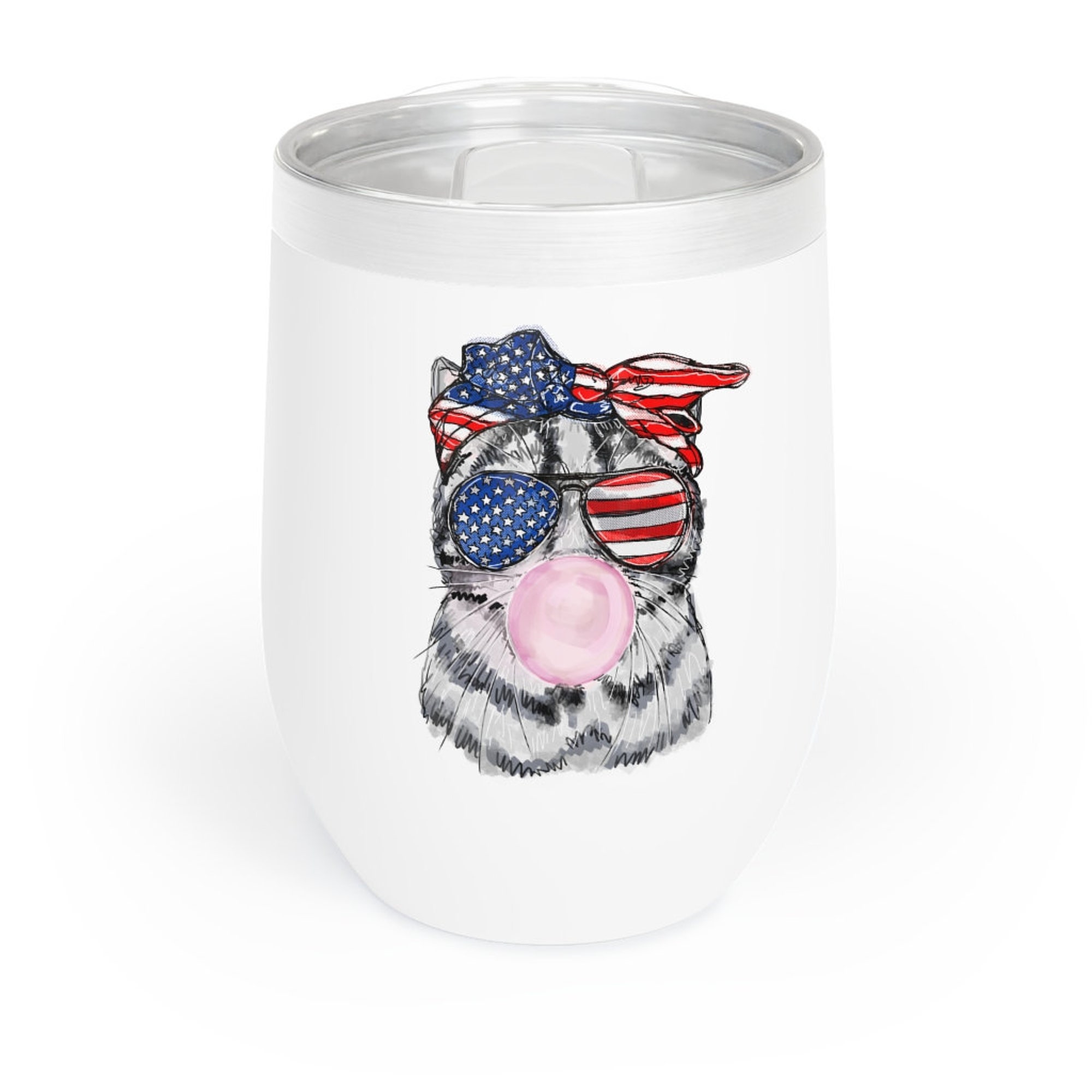 Fourth of July Cat Blowing Bubble Gum Insulated Chill Wine Tumbler