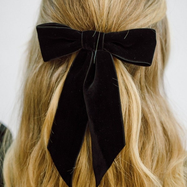 Black Velvet Hair Bow Clips for Women 26 Color, White Large Small Hairbow, Black Hair Bow Barrette, Mother Daughter Bows, Long Tail Hair Bow