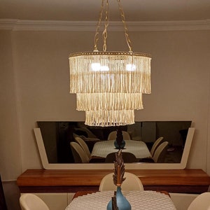 Boho Fringe Chandelier, Ivory Cotton Pendant Light 55 cm width, Fringe Light Fixture, Tassel Lamp Shade, Macrame Lampshade, Nursery Lighting
