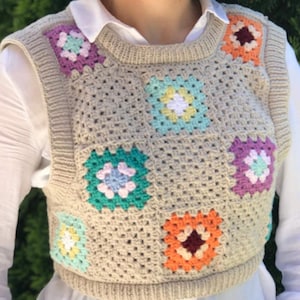 Chaleco de abuela corto color marfil, chaleco de punto con cuello redondo, chaleco de punto para mujer, chaleco corto tejido a mano, chaleco bohemio sin mangas, top Y2K