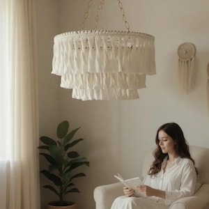 Macramé-kroonluchter met franje, boho gelaagde hanglamp, katoenen lampenkap met kwastje voor kinderkamer