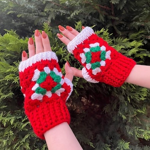Red crochet fingerless gloves for women, Winter wrist warmers, Granny square gloves, Wool mittens womens, Short fingers gloves, Gift for her
