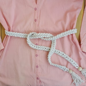 Braided Rope Belt, Ivory Wrap Belt, Tassel Rope Belt, Beaded String Belt, Twisted Cord Belt, Dress Waist Belt, Off White Crochet Women Belt