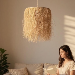 Raffia Pendant Light, Fringe Lampshade 45cm width, Bohemian Tassel Chandelier, Hanging Boho Light, Paper Raffia Pendant Ceiling Lighting