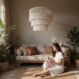 Cotton Pendant Light 55 cm width, Macrame Fringe Chandelier, Fringe Light Fixture, Tassel Lamp Shade, Hanging Lampshade, Nursery Lighting