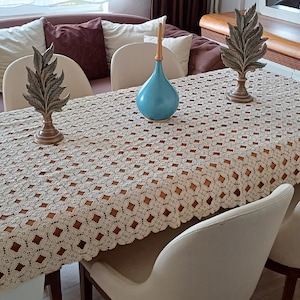 Beige Rustic Crochet Tablecloth 95x50 inc, Cotton Boho Lace Tablecloth, Vintage Rectangle Table Cover