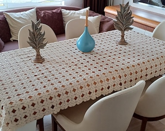 Beige Rustikale Häkeldecke 245x50 cm, Baumwoll Boho Spitze Tischdecke, Vintage Rechteck Tischdecke