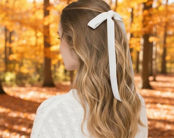 Thin Velvet Long Tail Hair Bow for Women Girls, French Barrette Clip, Ribbon Hairpin