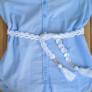 White Crochet Belt, Braided Rope Belt, Beaded Tie Belt, Tie up Tassel Belt, Cotton Macrame Belt, Dress Waist Belt, Knitted Women Wrap Belt