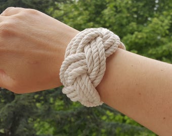 Mens Thick Rope Bracelet, Turks Head Sailor Knot, Nautical Cotton Cord, Slip On Stretch