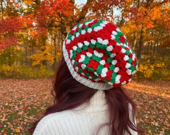 Granny Square Crochet Beret Hat, Colorful Winter Wool Beanie, Handmade Slouchy Hats for Women
