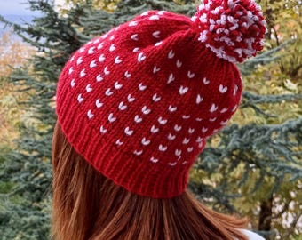 Bonnet tricoté main jacquard jacquard, bonnet d'hiver en laine à motif coeurs, bonnets amples à pompons