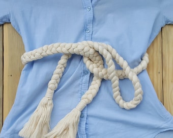 Cotton Braided Belt, Macrame Fringe Waist Belt, Thick Rope Tassel Woven Wrap Around Sash