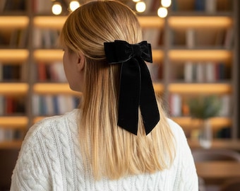 Velvet Double Hair Bow, Long Tail Ribbon, Girls Hair Bows, French Barrette Clip