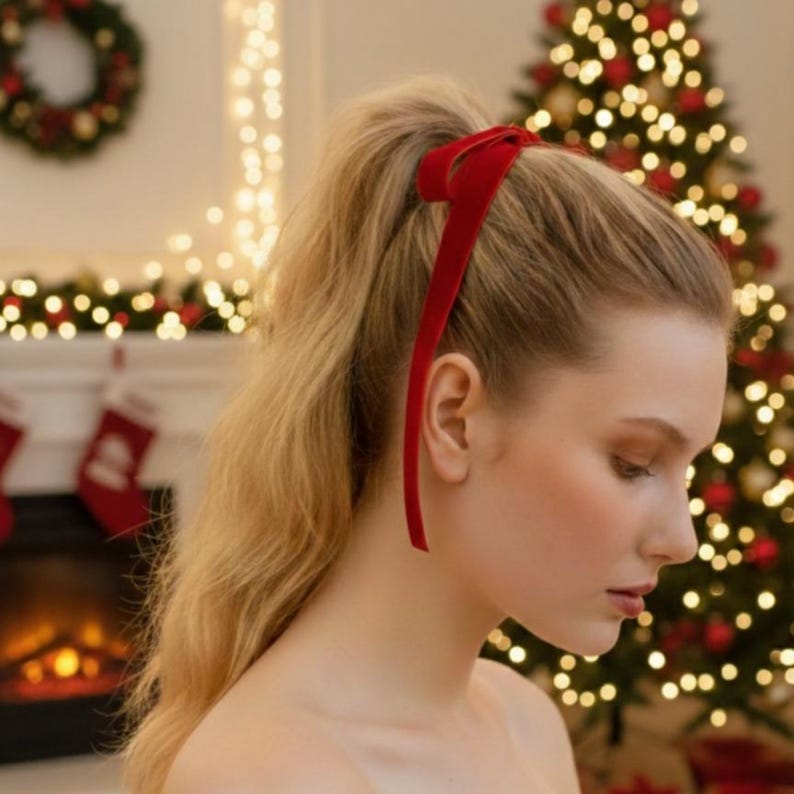 a velvet hair bow made with thin velvet ribbon in a long tail design attached to a french barrette clip, shown as a long tail hair bow suitable as a hair bow for women and hair bows for girls. the shape works as a ribbon hair bow or hairpin bow clip, styled like a ponytail holder bow or long ribbon bow. ideal as a christmas hair bow and fits gifting needs such as gift for her or gift for girl.