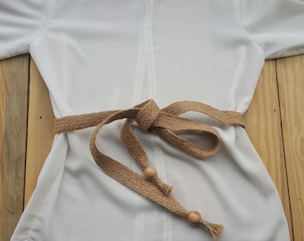 Ceinture marron perlée, ceinture en corde tressée, ceinture de robe de plage, ceinture en jute macramé, ceinture tissée naturelle, ceinture en résille tissée, ceinture fine vintage