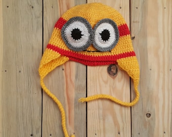 Knitted kids minions hats, Crochet boys ear flap hats, Girls fall knit hats, Toddler wool beanie, Baby knitting winter hat, Kids pilot hats