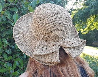 Wide Brim Straw Hat, Crochet Raffia Sun Hat for Women, Summer Beach Garden Hats