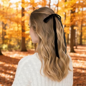 a velvet hair bow made with thin velvet ribbon in a long tail design attached to a french barrette clip, shown as a long tail hair bow suitable as a hair bow for women and hair bows for girls. the shape works as a ribbon hair bow or hairpin bow clip, styled like a ponytail holder bow or long ribbon bow. ideal as a christmas hair bow and fits gifting needs such as gift for her or gift for girl.