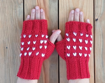Knit Heart Fingerless Gloves, Wool Fingerless Mittens for Women, Hand Knit Fair Isle Gloves, Christmas Gift For Her, Unique Holiday Gift