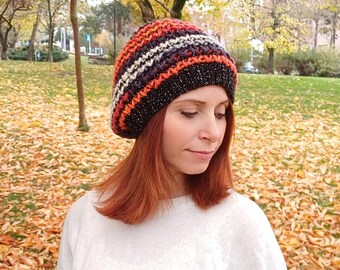 Crochet Beret Hat for Women, Sparkly Knit Slouchy Beanie Hats, Handmade Chunky Winter Cap