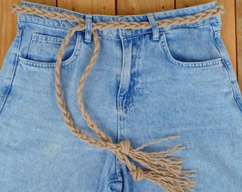 Brown Braided Jute Rope Belt Women, Boho Macrame Tassel Waist Belts, Wrap Rope Sash