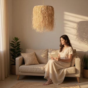 Raffia Pendant Light, Fringe Lampshade 45cm width, Bohemian Tassel Chandelier, Hanging Boho Light, Paper Raffia Pendant Ceiling Lighting