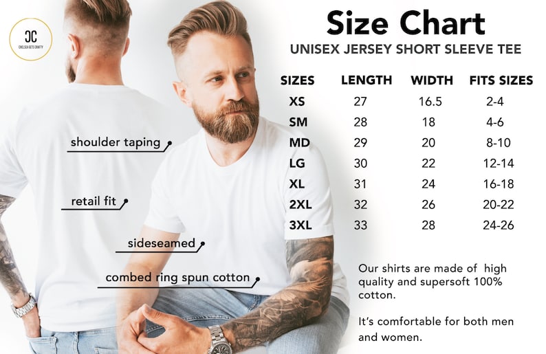 Pu&ograve; includere: T-shirt unisex bianco a maniche corte con tabella taglie. La tabella elenca taglie dalla XS alla 3XL, con lunghezze da 68.5cm a 83.8cm e larghezze da 41.9cm a 71.1cm. Include fettuccia sulla spalla, vestibilit&agrave; retail e cuciture laterali.
