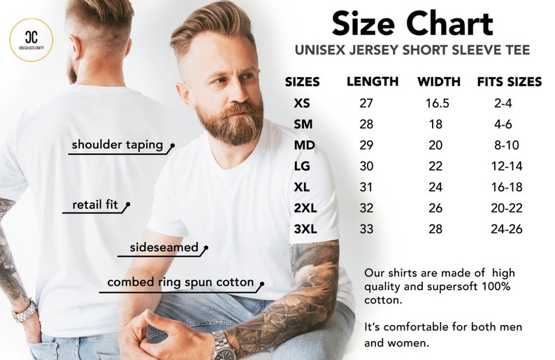 Op de afbeelding: Wit unisex jersey T-shirt met korte mouwen en een maattabel. De tabel toont maten XS tot 3XL, met lengtes van 68,5 cm tot 83,8 cm en breedtes van 41,9 cm tot 71,1 cm. Kenmerken zijn schoudertaping, retail pasvorm en zijnaden.