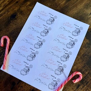 May include: A white sheet of paper featuring Santa Claus illustrations and the text "Merry Christmas!" and "Theo from Santa Claus." Two red and white candy canes rest on a wooden surface.