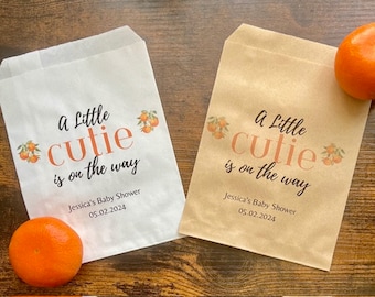 A Little Cutie is on the way baby shower favor bags, orange theme baby shower, summer baby shower, custom treat bags, clementine party decor