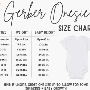 May include: A white Gerber Onesie with a size chart. The chart lists sizes from Preemie to 24M/2T, with corresponding weights in pounds and baby heights in inches. The text "Gerber Onesie" is written in a script font.