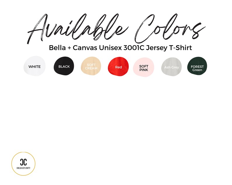 K&ouml;nnte beinhalten: Grafik mit den verf&uuml;gbaren Farben f&uuml;r ein Bella + Canvas Unisex 3001C Jersey T-Shirt. Die Farben sind Wei&szlig;, Schwarz, Soft Cream, Rot, Soft Pink, Ash Grey und Forest Green. Der Text "Available Colors" ist kursiv geschrieben.