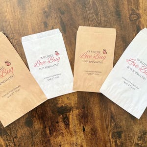 May include: Four paper gift bags, two brown and two white, are arranged on a wooden surface. Each bag has the text "Our Little Love Bug is Turning One!" printed in red, along with a butterfly graphic and a name and date.