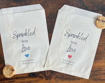 Anpassade godispåsar med strössel och kärlek, babyshower-festgåvor, babyströssel festtillbehör, personliga godispåsar med sprits, presenter,