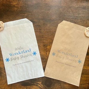 Pu&ograve; includere: Due sacchetti di carta, uno bianco e uno marrone, con la scritta "Winter Wonderland Baby Showen" in blu e grigio. Ogni sacchetto ha un biscotto con gocce di cioccolato attaccato. Il testo "Thank you for showering Jessica!" &egrave; stampato anche sui sacchetti.
