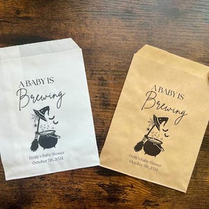 A baby is brewing treat bag, fall baby shower decor, coffee bags, dessert bags, candy treat bags, Halloween theme, custom paper treat bags, image 1