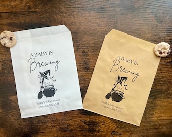 A baby is brewing treat bag, fall baby shower decor, coffee bags, dessert bags, candy treat bags, Halloween theme, custom paper treat bags,