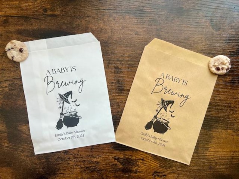 A baby is brewing treat bag, fall baby shower decor, coffee bags, dessert bags, candy treat bags, Halloween theme, custom paper treat bags, image 1