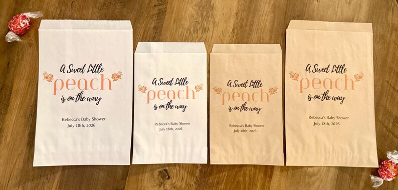Un dulce melocotón está en camino. Bolsas de regalo para fiestas, bolsas de galletas, bolsas de dulces, bolsas de regalo para baby shower, bolsas de regalo personalizadas. imagen 2