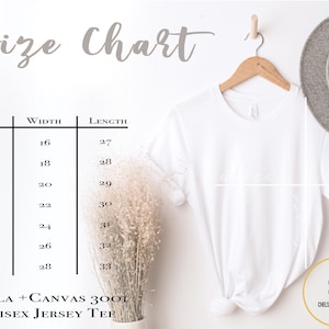 May include: A white Bella + Canvas 3001 Unisex Jersey Tee hanging on a wooden hanger, next to a gray hat. A size chart shows measurements in inches for sizes XS to 3XL. The text "Chelsea Gets Crafty" is in a circle.