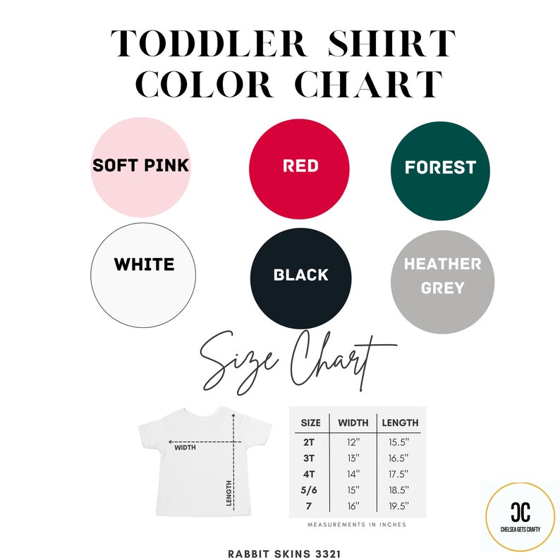 Puede incluir: Una tabla de colores para camisetas de ni&ntilde;o peque&ntilde;o, con c&iacute;rculos que muestran los colores rosa claro, rojo, bosque, blanco, negro y gris jaspeado. Una tabla de tallas muestra las medidas en pulgadas para las tallas 2T a 7. El texto "Toddler Shirt Color Chart" est&aacute; en la parte superior.