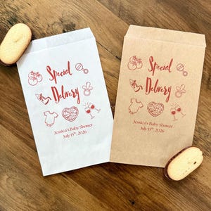 May include: Two rectangular paper bags, one white and one brown, featuring red printed graphics of tomatoes, a baby rattle, a baby bottle, a pacifier, a onesie, a heart-shaped pizza, and two wine glasses with the text Special Delivery.