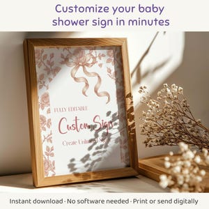 Toile de Jouy welkomstbord babyshower, roze toile de jouy met strik, bewerkbare babyshower roze bloemen, roze strik welkomstbord, BS14