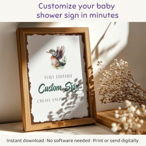 Duck Baby Shower Table Sign, Mallard Duck Printable Sign Template, Duck Theme with Rustic Brown Border, Boy Hunting Duck Baby Shower, BS4